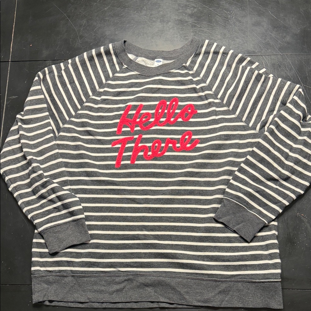 Old Navy Gray and White Striped Sweatshirt with Red Text